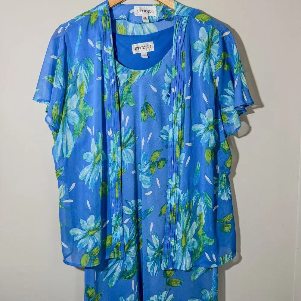 Vintage Studio I Blue Floral Maxi Dress & Matching Cardigan Jacket Set Size 14